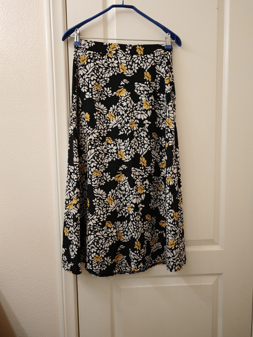 Black Floral A-Line Midi Skirt with Yellow Accents